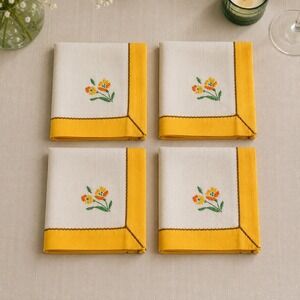 Vintage Set of 4 Linen Cocktail Napkins Cream Yellow Floral Embroidery 10x10 Sq